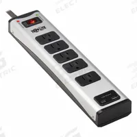 TRIPP LITE Outlet Strip: 5 Outlets, 6 ft Cord Lg, 2,100 J Rated Energy, 15 A Current, Black/Silver (MPN TLM506USBC). Key specifications — Brand: TRIPP LITE; Mounting Style: Keyhole.