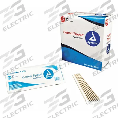 DYNAREX Cotton Tip Swab: Non-Sterile, Cotton, 6 in Lg, Wood, Single - Cotton Tip Swabs