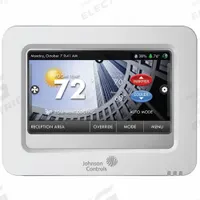 JOHNSON CONTROLS WiFi Thermostat: Heat and Cool, White, C/G/R/Sensor/W1/O/B/W2/W3/AUX/Y1/Y2, 7-Day (MPN T9100). Key specifications — Application: Heat and Cool; Housing Color: White; Programming Capability: 7-Day; Terminal Designations: Y2; Smart Capabilities: Smart Alerts; Humidification Control: Yes; Brand: JOHNSON CONTROLS; Control Type: Touch Screen.