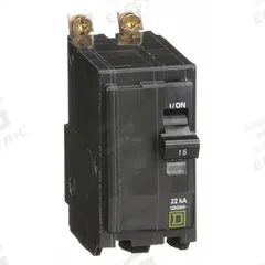 SQUARE D Miniature Circuit Breaker: 15 A, 120/240V AC, Single Phase, 22kA at 120/240V AC, 2 Poles (MPN QOB215VH). Key specifications — Phase: Single; Amps: 15 A; AC Voltage Rating: 120/240V AC; Max. AIR Rating: 22kA at 120/240V AC; For Use With: Square D NQOD Panelboards; Brand: SQUARE D.