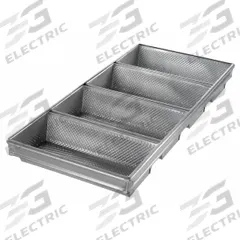 CHICAGO METALLIC Hearth Bread Pan: Aluminized Steel, 4 Slots, 12 3/8 in Overall Wd, 22 ga Gauge (MPN 41145). Key specifications — Pan Style: Hearth Bread Pan; Brand: CHICAGO METALLIC; Color: Silver; Material: Aluminized Steel; NSF Certified: No; Number of Slots: 4.