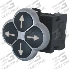 EATON Flush Push Button: Non-Illuminated, 4 Button, Flush Profile, 22 mm Mounting Size (MPN M22-D4-S-X7). Key specifications — attr211308: EATON; attr1026606: Momentary/Momentary/Momentary/Momentary; attr1026618: Right Arrow; attr1026638: M22; attr1063632: Non-Metallic.