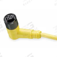 Cordset: M12 Female Right Angle X Bare Wire, 3 Pins, Yellow, PVC, 2 m Cable Lg, 4 A Max Current (A) (MPN 803001A09M020). Key specifications — Cable Jacket Color: Yellow; End 1 Gender: Female; End 1 Mounting Orientation: Right Angle; End 2 Connection Type: Bare Wire; IP Rating: IP68; Brand: BRAD HARRISON; NEMA Rating: 6P; Wire Size: 22 AWG.