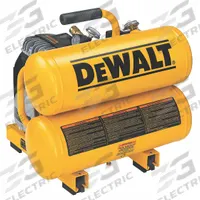 DEWALT Portable Air Compressor: Oil Lubricated, 4 gal, Twin Stack, 1.1 hp, 3.4 cfm @ 90 psi, 120V AC (MPN D55151). Key specifications — attr48686: Oil Lubricated; attr48685: 120V AC; attr48678: 14 A; attr48671: DEWALT; attr124308: Standard (75 dBA or more).