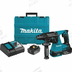 MAKITA Cordless Rotary Hammer Kit: Pistol-Grip, 18V DC, SDS-Plus, 1/2 in max, 5.0 Ah, 1.7 ft-lb (MPN XRH01T). Key specifications — attr113858: 18V DC; attr113796: MAKITA; attr113808: 0 bpm to 4,700 bpm; attr113803: Yes; attr113838: Hammer Only; attr113809: Yes; attr113815: (2) Batteries.