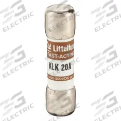LITTELFUSE Fuse: KLK Series, Midget, Fast-Acting, 20 A, 600 V AC, 500 V DC, 13/32 in x 1 1/2 in (MPN KLK020). Key specifications — attr1287209: KLK; attr211192: LITTELFUSE.