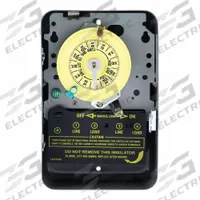 INTERMATIC Electromechanical Timer: 24 hr, 208-277V AC, DPST, Mechanical (MPN T104). Key specifications — Body Material: Metal; Indoor/Outdoor Usage: Indoor; Mounting Style: Surface; Brand: INTERMATIC.