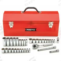PROTO Socket Wrench Set: 3/8 in Drive, 34 Piece, 12-Point, Metric/SAE (MPN J52230-1A). Key specifications — attr1224269: 3/8 in; attr1204638: Drive Tools Included; attr1204650: 8 mm to 19 mm; attr1204673: Socket Bits Not Included; attr1204681: Wrenches Not Included; attr1204688: PROTO; attr1206170: Drive Tools.