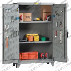 LITTLE GIANT Pegboard Cabinet: 60 in x 24 1/4 in x 78 in, Swing Handle & Padlock Hasp, Legs, Gray (MPN SSL2-A-2460-PBD). Key specifications — Cabinet Color: Gray; Method of Construction: Welded; Base Type: Legs; Assembled: Assembled; Mobility: Stationary; Adjustable Shelves: Adjustable; Cabinet Finish: Powder Coated; Cabinet Material: Steel.