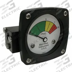 MIDWEST INSTRUMENT 3-Color Differential Pressure Indicator: 1,000 psig Max. Static Pressure, 522 (MPN 522A-010V). Key specifications — Brand: MIDWEST INSTRUMENT; Accuracy: ±5% of Full Scale; Sensor Material: Viton; Housing Material: Aluminum; Transition Points: 0 psid to 5 psid (Green) / 5 psid to 7 psid (Yellow) / 7 psid to 10 psid (Red).