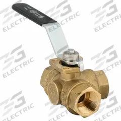BONOMI Manual Three-Way Ball Valve: 3/4 in, Brass, L Flow, FNPT x FNPT x FNPT, Std Port Ball Port (MPN 365N-3/4"). Key specifications — Brand: BONOMI; Handle: Lever.
