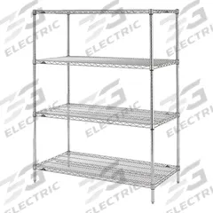 METRO Wire Shelving Unit: Starter, 60 in x 24 in, 74 in Overall Ht, 4 Shelves, Split Sleeve, Dry (MPN 74P-4,2460NC-4). Key specifications — Recommended Environments: Dry; Color: Silver; Finish: Chrome; Material: Steel; Brand: METRO.