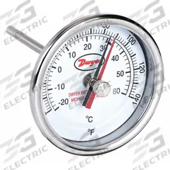 DWYER Min/Max Dial Thermometer: 0°F to 140°F to -17.8°C to 60°C, +/- 2% Accuracy, 3 in Dial Dia (MPN BTM34011D). Key specifications — Brand: DWYER; Accuracy: +/- 2%.