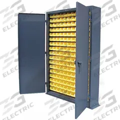 STRONG HOLD Bin Cabinet: 48 in x 10 in 72 in, 0 Shelves, 187 Bins, Yellow, Solid, 12 ga Panel, Gray (MPN 46-BSC-100). Key specifications — Bin Color: Yellow; Bin HxWxD: (187) 3 in x 4-1/8 in x 7-3/8 in; Assembled: Assembled; Cabinet Style: Shelf and Bin; Brand: STRONG HOLD; Cabinet Color: Dark Gray; Cabinet Finish: Baked Enamel; Cabinet Material: Steel.