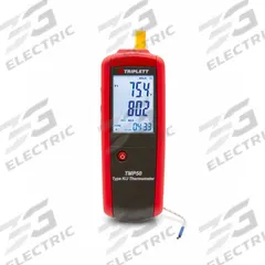 TRIPLETT Thermocouple Thermometer: For Type J/Type K Thermocouple Type, 1 Channels (MPN TMP50-NIST). Key specifications — Testing Functions: Average Temperature; Accuracy: ±0.05 % + 3.6 °F/2 °C Below -148 °F; Brand: TRIPLETT.