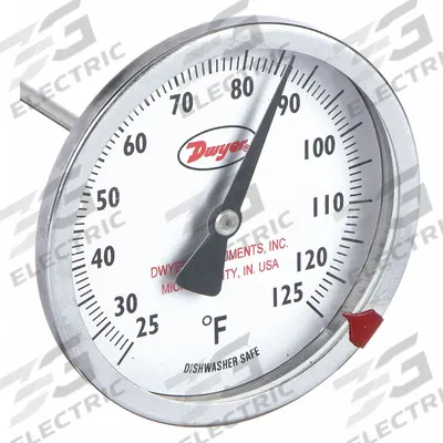 Dwyer Clip On Dial Thermometer: 25°F to 125°F, +/- 2% Accuracy, 5 in Stem Lg - General Purpose Vat & Pan Clip-On Dial Thermometers
