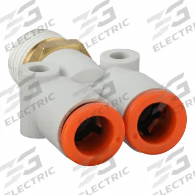 SMC Push-Fit Wye Fitting: 5/16 in OD x 5/16 in OD x 1/4 in Pipe x 5/16 in Pipe Size - Polybutylene & Brass Tube Fittings