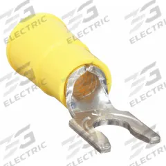 3M Fork Terminals: Yellow, Vinyl, #8 Stud Size, 12 AWG – 10 AWG Wire Range, Locking Fork, 1,000 V (MPN MV10-8FLX). Key specifications — Barrel Style: Funnel; Manufacturer Part Number: MV10-8FLX; Brand: 3M; Series: TR.