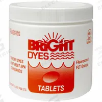 BRIGHT DYES Dye Tracer Tablet: Orange, Water Tracing Dye, 3 to 6 min, <100 ppb (MPN 101106). Key specifications — Brand: BRIGHT DYES; Dissolution Time: 3 to 6 min; Color: Orange; Dye Type: Water Tracing Dye; Coverage: 35 gal (Strong Visual), 350 gal (Light Visual); Detectability: 100 ppb.