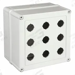 HOFFMAN Push Button Enclosure: 22mm, 9 Holes, Non-Metallic, NEMA 4X (MPN VM775-PBM9). Key specifications — Brand: HOFFMAN; Environments & Applications: Washdown-Corrosion-Resistant.