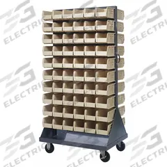 QUANTUM STORAGE SYSTEMS Mobile Louvered Floor Rack: 36 in x 24 in x 72 in, 120 Bins Included, Ivory (MPN QMD-36H-230IV). Key specifications — Bin Width: 5-1/2 in; Color: Gray; Caster Wheel/Configuration: (2) Swivel; Caster Wheel/Tread Material: Hard Rubber; Bin Color: Ivory; Bin Depth: 10-7/8 in; Bin Height: 5 in; Brand: QUANTUM STORAGE SYSTEMS.