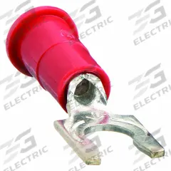 3M Fork Terminals: Red, Vinyl, #10 Stud Size, 18 AWG – 18 AWG Wire Range, Locking Fork, 1,000 V (MPN MV18-10FLX). Key specifications — Barrel Style: Funnel; Manufacturer Part Number: MV18-10FLX; Brand: 3M; Series: TR.
