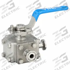 VNE Manual Three-Way Ball Valve: 1/2 in, 316 Stainless Steel, T Flow, 1,000 psi Max. Pressure (CWP) (MPN EG93CCC-6.5-T). Key specifications — Brand: VNE; Inlet Connection Entry: Side; Average Surface Roughness (Ra): 20 micron; Handle: Locking Lever.