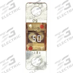 BUSSMANN Automotive Fuse: AMI Series, Two-Hole, Bolt-On, Fast-Acting, 50 A, 32 V DC, Non-Indicating (MPN AMI-50). Key specifications — Brand: BUSSMANN; Series: AMI.