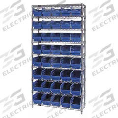 QUANTUM STORAGE SYSTEMS Bin Shelving: 36 in x 18 in x 74 in, 1 Sided, 40 Bins, Open, Shelf Bin, Blue (MPN WR9-204BL). Key specifications — Includes Bins: Yes; Bin Material: Polypropylene; Frame Color: Silver; Bin HxWxD: (40) 6 in x 6-5/8 in x 17-7/8 in; Frame Material: Steel; Bin Color: Blue; Bin Style: Shelf; Brand: QUANTUM STORAGE SYSTEMS.