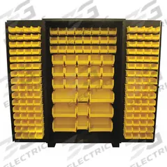 JAMCO Bin Cabinet: 48 in x 24 in 78 in, 0 Shelves, 176 Bins, Yellow, Flush, 14 ga Panel, Black, Bins (MPN DE248BL). Key specifications — Bin Color: Yellow; Bin HxWxD: (6) 7 in x 16-1/2 in x 14-3/4 in; Assembled: Assembled; Cabinet Style: Shelf and Bin; Brand: JAMCO; Cabinet Color: Black; Cabinet Finish: Powder Coated; Cabinet Material: Steel.