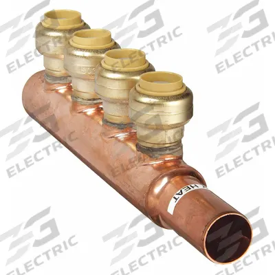 SHARKBITE Push Fit Manifold: Inline, Copper, 3/4 in, 1/2 in, 1 Inlets, 4 Outlets - Plumbing & Heating Branch Manifolds