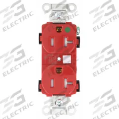 BRYANT Receptacle: Hospital Grade Fed. Spec., Duplex, 5-20R, Red, 125V AC, 20 A, 2 Pole / 3 Wire (MPN 8300HBREDTR)