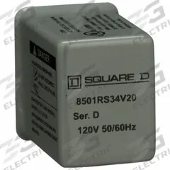 SCHNEIDER Hermetically Sealed Relay: Socket Mounted, 5 A Current Rating, 120V AC, 4PDT, G Socket (MPN 8501RS34V20). Key specifications — Brand: SCHNEIDER; Base Type: Square; Mounting Style: Socket; Pin Shape: Flat; Electrical Connection: Quick-Connect; Manufacturer Part Number: 8501RS34V20; Series: Square D 8501R Miniature Control Series.