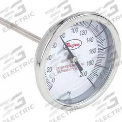 DWYER Long Reach Dial Thermometer: 0°F to 200°F, +/- 1% Accuracy, 3 in Dial Dia, 1/2 in Thread Size (MPN BTLRN312101). Key specifications — Accuracy: +/- 1%; Housing Material: Stainless Steel; Brand: DWYER.