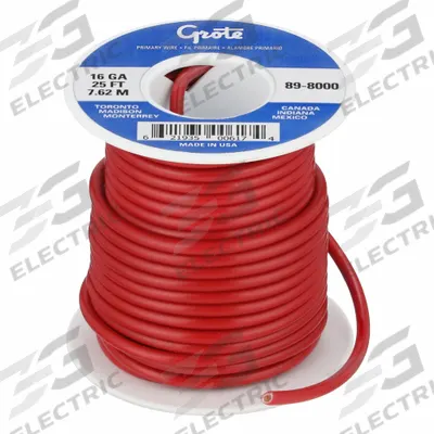 GROTE Primary Automotive Wire: GPT, 25 ft, 1 Conductor, 16 AWG, Red - PVC-Insulated General Purpose Primary Wires