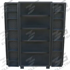 JAMCO Bin Cabinet: 60 in x 24 in 78 in, 16 Shelves, 0 Bins, Deep Box, 14 ga Panel, Black, Paddle (MPN DA260BL). Key specifications — Assembled: Assembled; Cabinet Style: Shelf and Bin; Brand: JAMCO; Cabinet Color: Black; Cabinet Finish: Powder Coated; Cabinet Material: Steel; Cabinet Storage Components: Shelves.