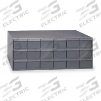 DURHAM MFG Drawer Bin Cabinet: 33 3/4 in x 17 3/4 in x 12 3/4 in, 18 Drawers, Stackable, Steel, Gray (MPN 032-95). Key specifications — Cabinet Material: Steel; Includes Dividers: Yes; Cabinet Finish: Powder Coated; Drawer Color: Gray; Cabinet Style: Drawer; Assembled: Assembled; Drawer Inside WxDxH: (18) 5-7/16 in x 17-1/8 in x 3-3/4 in; Cabinet Color: Gray.
