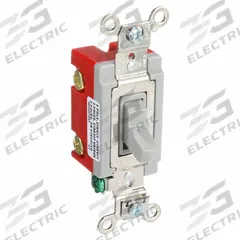 HUBBELL Wall Switch: Toggle Switch, Double Pole, Maintained, Gray, 120/277V AC, 20 A (MPN HBL1222GY). Key specifications — Illuminated: No; Voltage Rating: 120/277V AC.