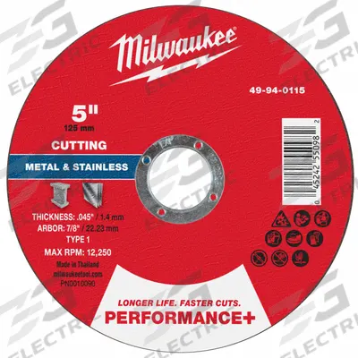MILWAUKEE Cut-Off Wheel: Type 1, 5" x 0.045" x 7/8", Aluminum Oxide - General Purpose Cut-Off Wheels for Carbon & Stainless Steel