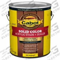 CABOT Wood Stain: Wood Stain and Sealer, Exterior, Water, 1 gal Container Size, Wood, Eggshell (MPN 140.0001880.007). Key specifications — Brand: CABOT; Transparency: Solid; Use Location: Exterior; Sheen: Eggshell; Sub-Brand: Solid Color; Color: Redwood.