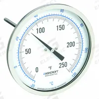 ASHCROFT Dial Thermometer: 0°F to 250°F /-20°C to 120°C, ±1% Accuracy, 4 in Stem Lg, 5 in Dial Dia (MPN 50EI60E). Key specifications — Accuracy: ±1 %; Brand: ASHCROFT.