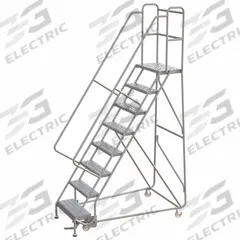 BALLYMORE Rolling Ladder: 6.7 ft Platform Ht, Assembled, Aluminum, Manual Lock, Perforated (MPN WLAR108246). Key specifications — Includes Handrails: Handrails Included; Material: Aluminum; Brand: BALLYMORE; Color: Gray.