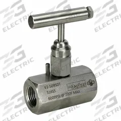 PARKER Needle Valve: Inline Valve Body, 316 Stainless Steel, 1/2 in Pipe Size, FNPT x FNPT, Female (MPN V2-509SDT). Key specifications — Standards: ASTM A 696; Brand: PARKER; Connection Gender - Side 2: Female; Connection Gender - Side 1: Female; Connection Type - Side 1: NPT; Connection Type - Side 2: NPT; Connection Type: FNPT x FNPT.