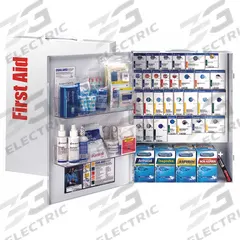FIRST AID ONLY First Aid Kit and Housing: 951 Components, ANSI/ISEA Z308.1-2021, Type I/II, Class B (MPN 90830-021). Key specifications — ANSI Standard Met: ANSI/ISEA Z308.1-2021; Adhesive Bandages Included: (20) Fingertip Metal Detectable Bandages; Oral and Inhalant Medicinals Included: (100) Non-Aspirin Pain Relievers; Topical Medicinals Included: (40) Burn Cream Packets; Wound Dressings Included: (4) Tape Rolls; Unitized: Unitized with Guided Refill System.