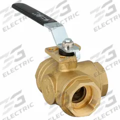 BONOMI Manual Three-Way Ball Valve: 2 in, Brass, T Flow, FNPT x FNPT x FNPT, Std Port Ball Port (MPN 355N-2"). Key specifications — Brand: BONOMI; Handle: Lever.