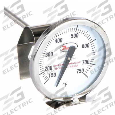 Dwyer Clip On Dial Thermometer: 150°F to 750°F, +/- 2% Accuracy, 5 in Stem Lg - General Purpose Vat & Pan Clip-On Dial Thermometers