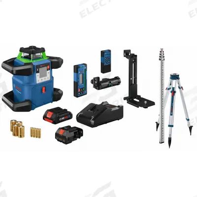 BOSCH Rotary Laser Level: 4,000 ft Range w/Receiver, Green Beam, Horizontal/Vertical - Horizontal & Vertical-Beam Rotary Laser Level Kits
