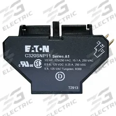 EATON Auxiliary Contact: 1NO/1NC, 10 A Max Current (AC), Side Mount, Side-Mounted, C320SNP11. Key specifications — Brand: EATON; Compatible with Series: C25 Definite Purpose Contactors.