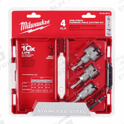 MILWAUKEE Hole Cutter Kit: 4 Pieces, 3/16 in Max. Cutting Dp, Carbide Tipped - Metal-Cutting Hole Cutter Kits