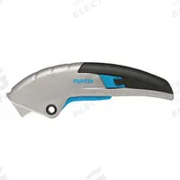 MARTOR Safety Knife: 155 mm Overall Lg, Std Steel Tip, Textured, Aluminum, Black/Blue/Silver, Button (MPN 122001.02). Key specifications — attr307837: Button; attr307830: Standard Steel Tip; attr307833: Silver; attr307831: Textured; attr307832: Aluminum; attr324891: MARTOR.
